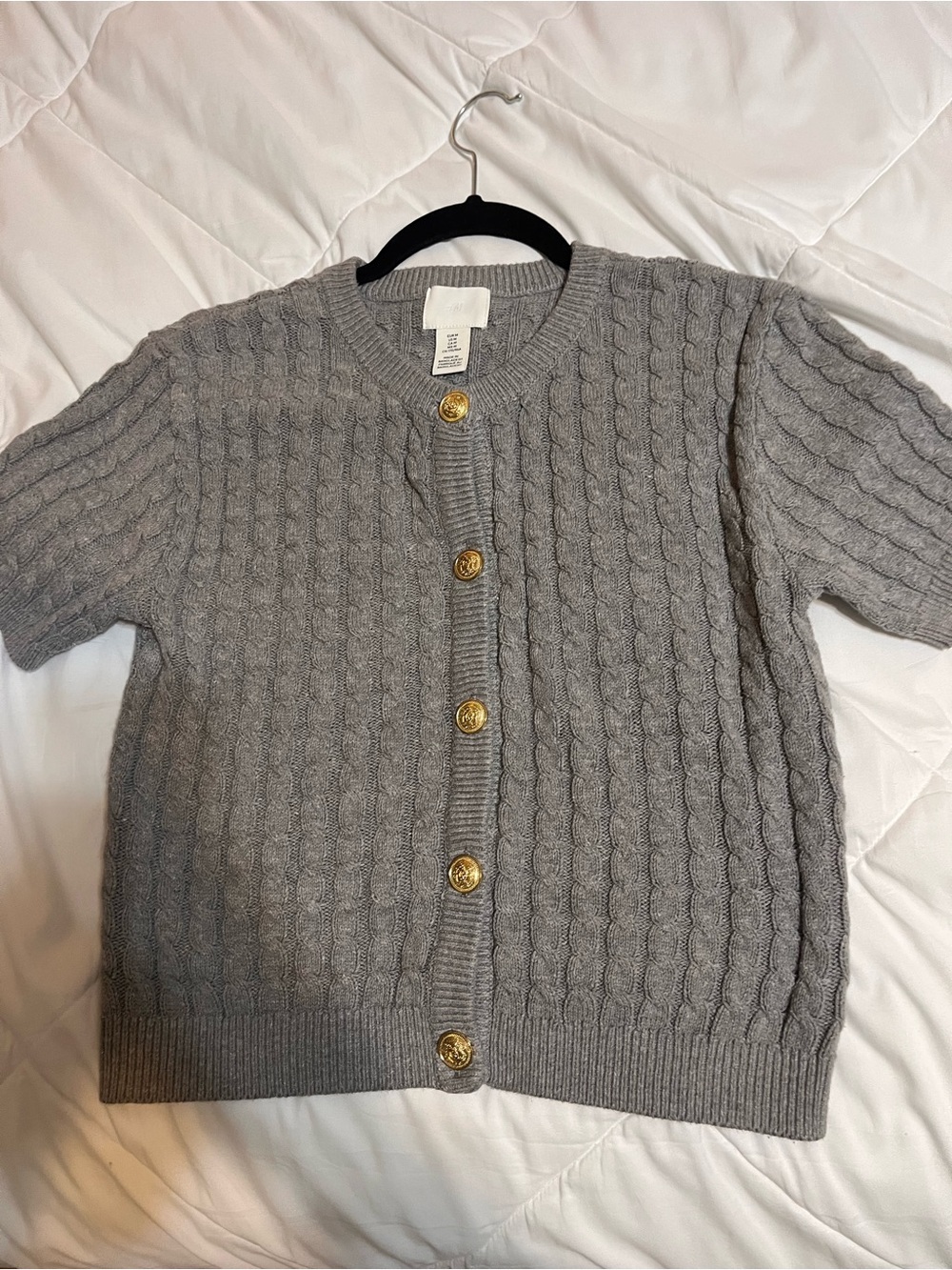 H&M Gray Cable-Knit Short-Sleeve Cardigan with Gold Buttons